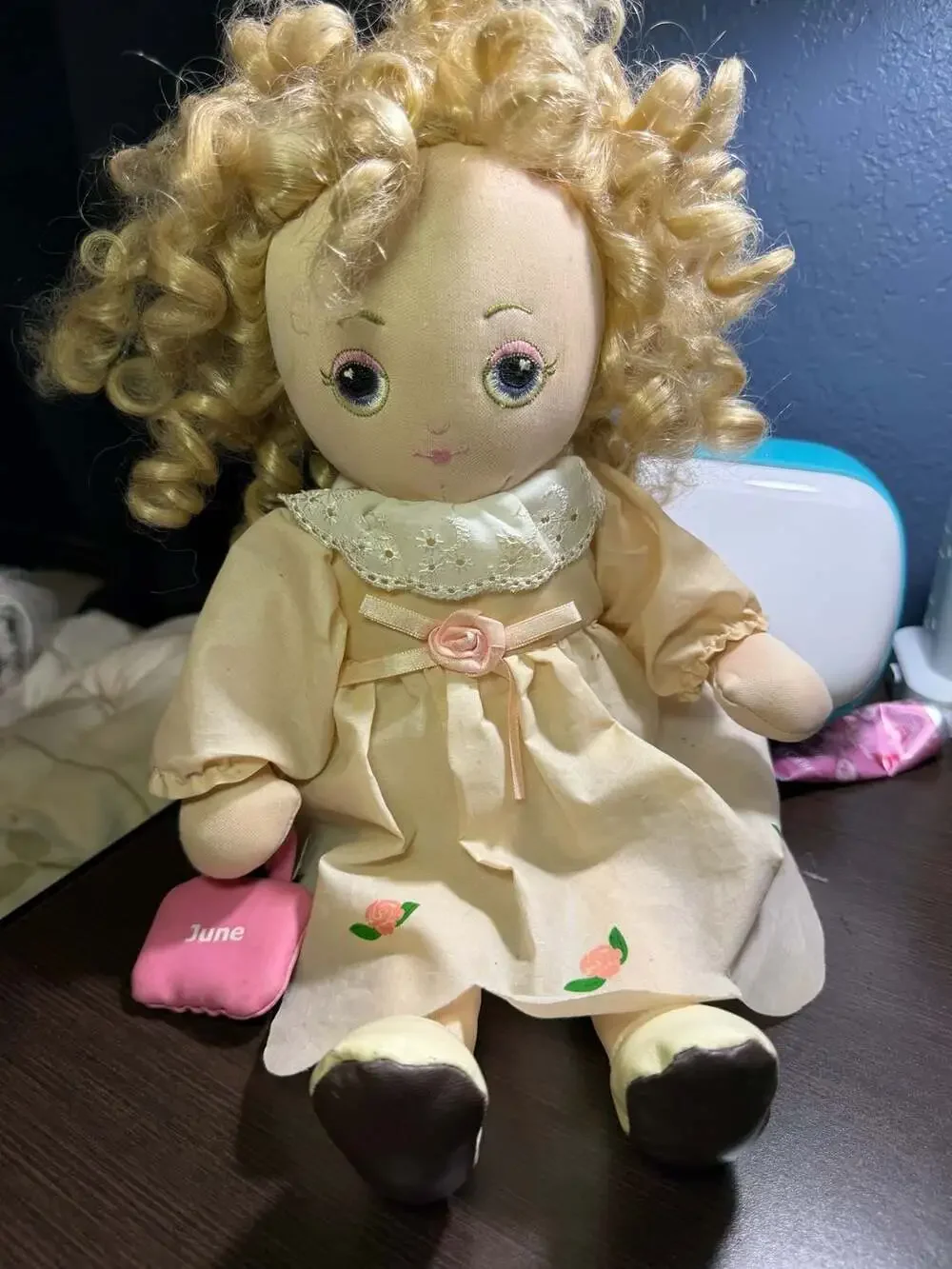 Sugar Loaf Vintage Cloth Doll Named June with Blonde Curly Hair and Floral Dress